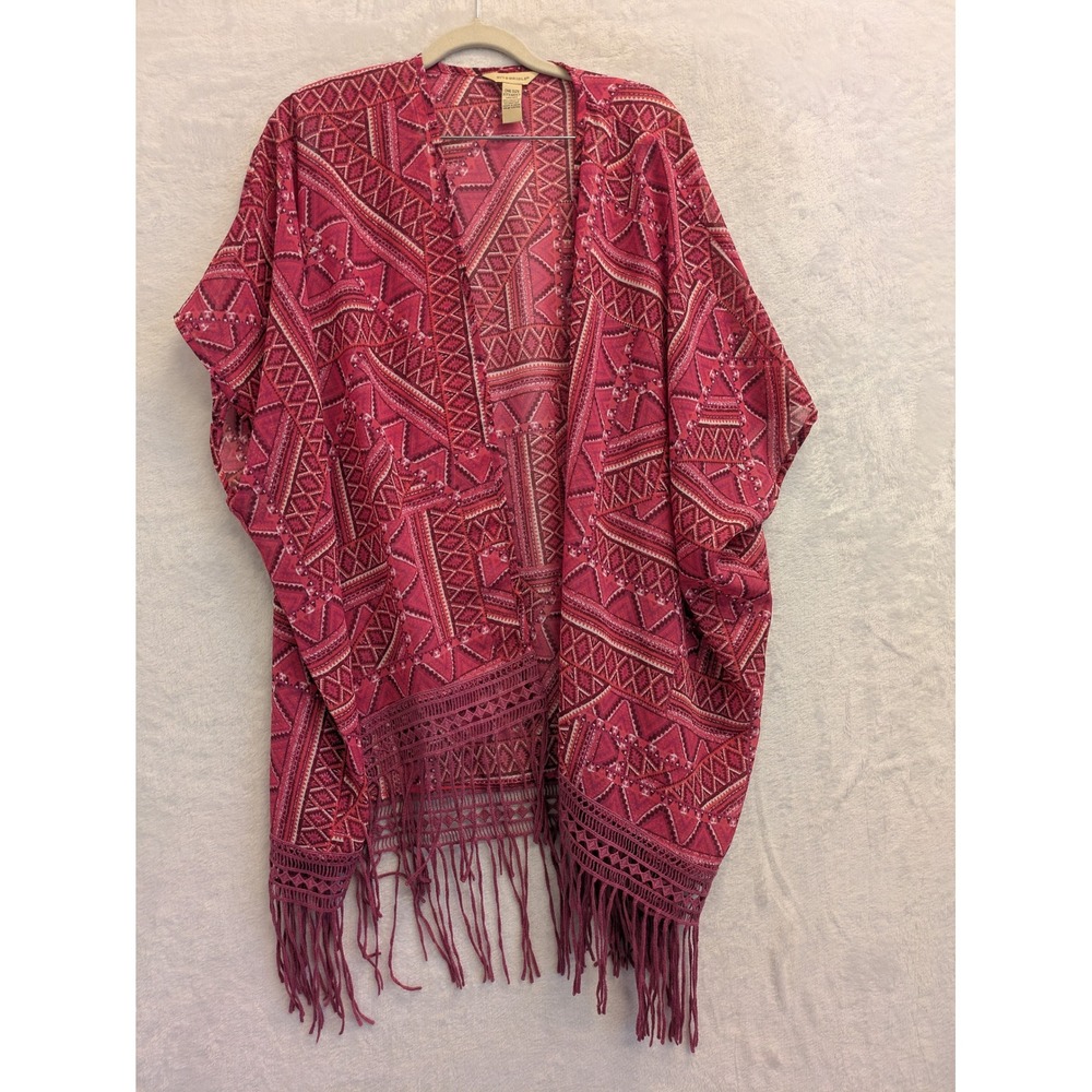 Bit & Bridle Pink Geometric Fringe Kimono‎ One Size Fits Most